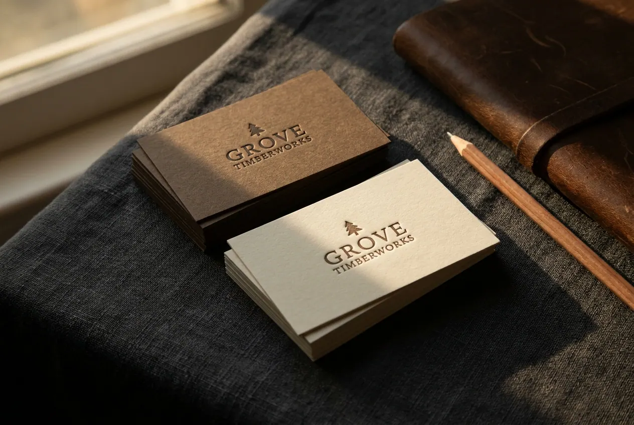 Grove stationery: letterpress cards on kraft and bone against charcoal linen