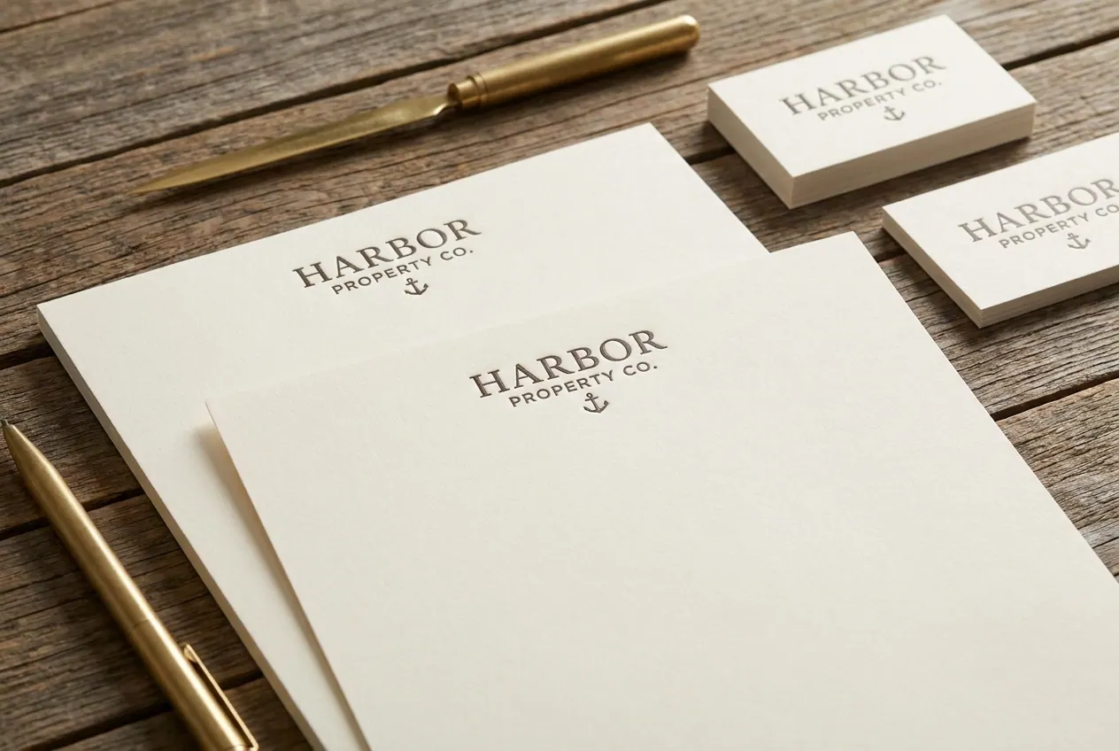 Harbor stationery: embossed serif wordmark on warm cream letterhead and cards