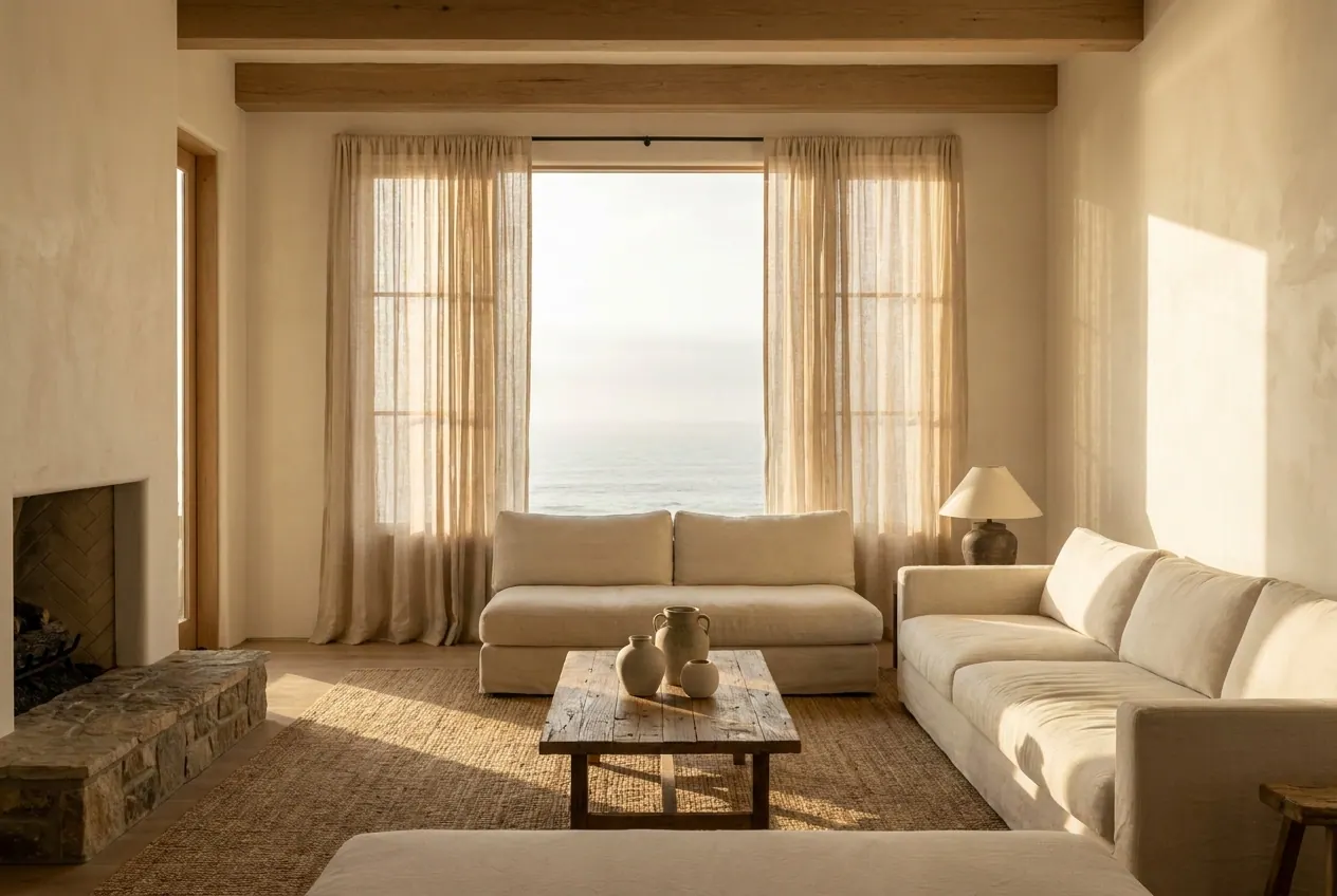 Warm minimal living room with afternoon sun through linen curtains