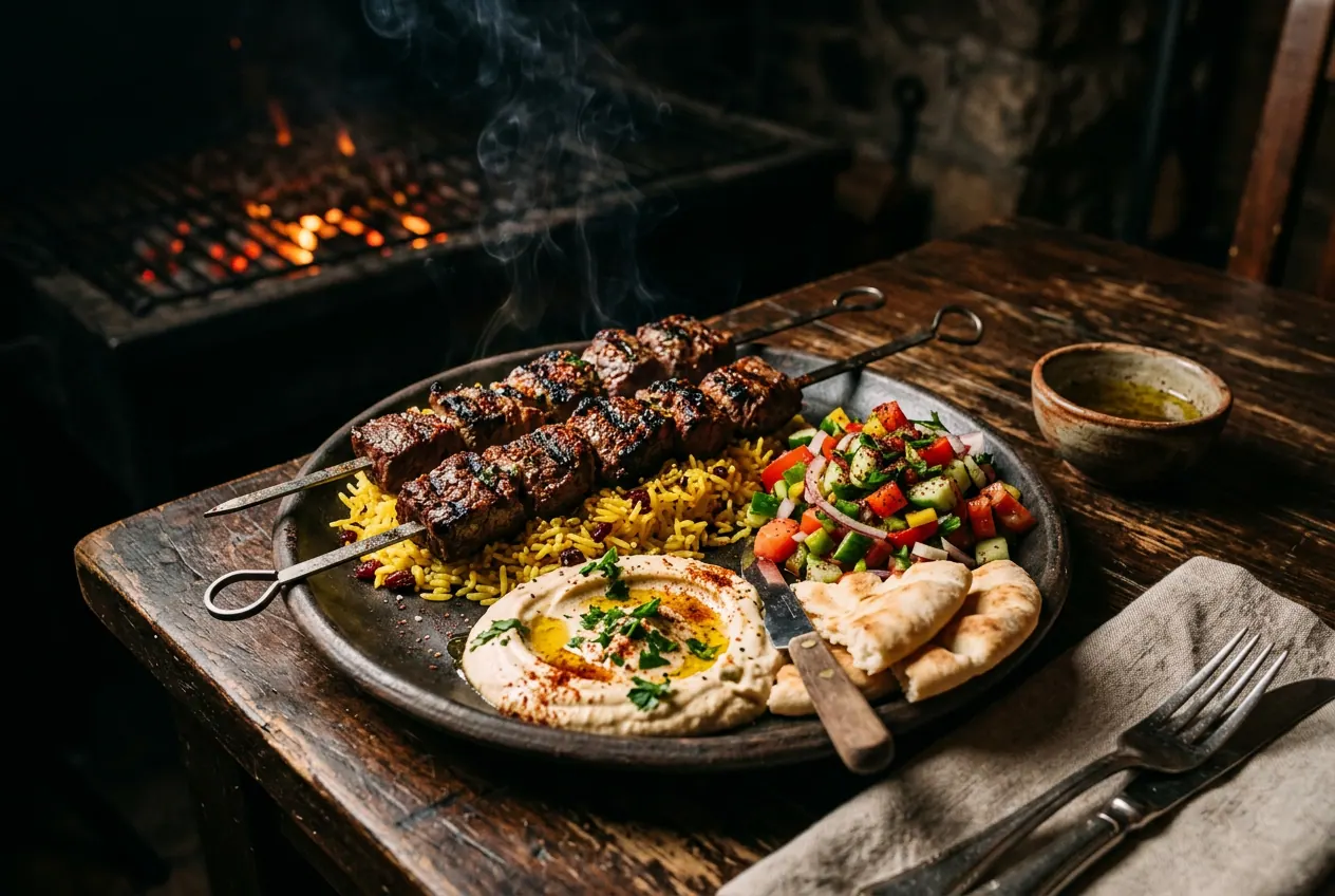 Kebabji grill platter — beef and chicken skewers, shawarma, Adana over saffron rice with dips and pita