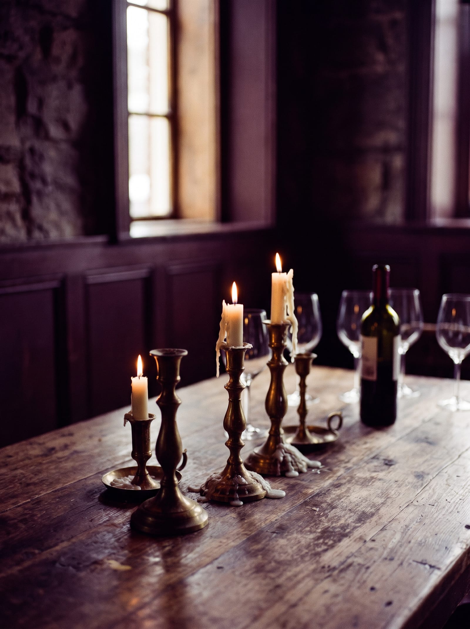 Candles dripping wax in a dim wine bar