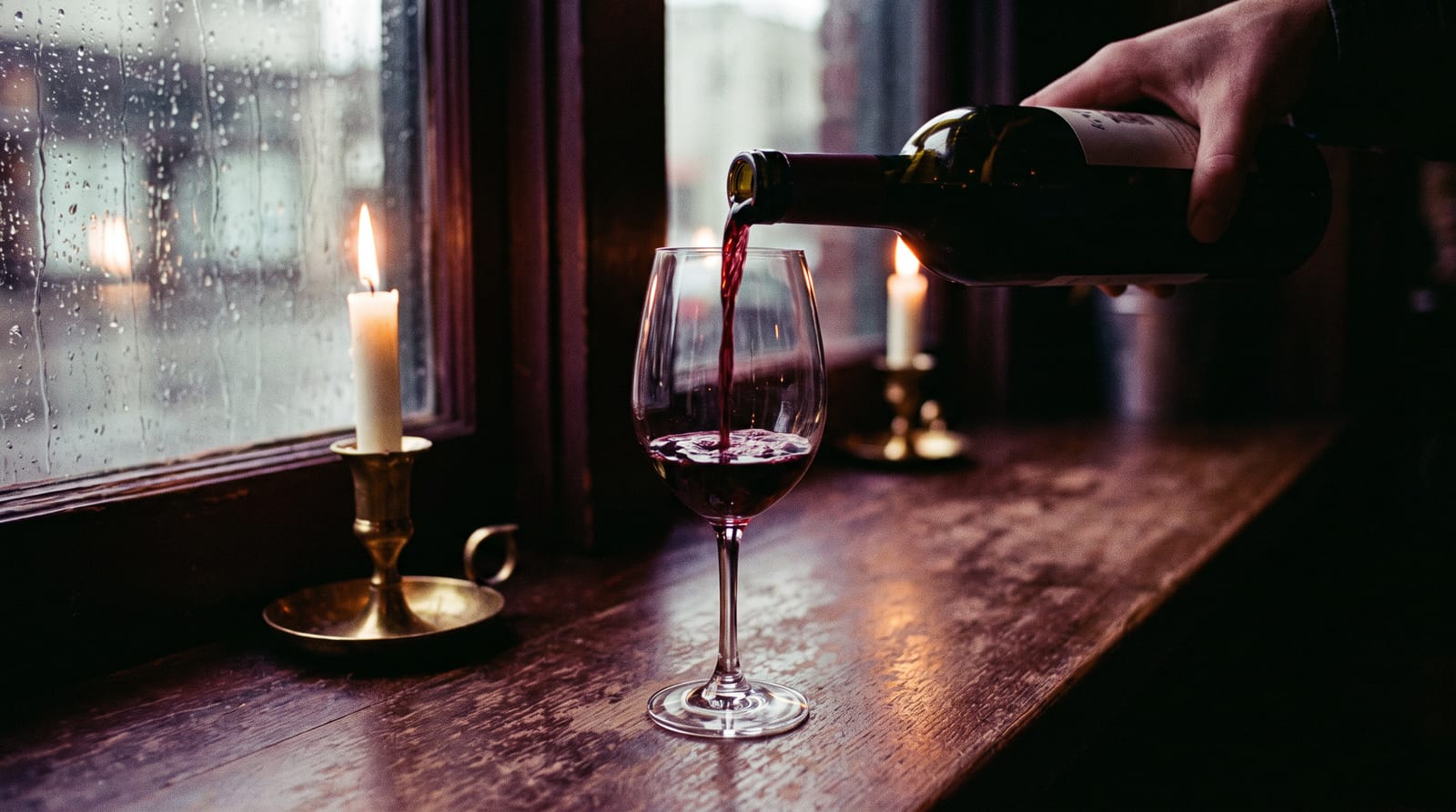 Red wine pouring slowly into a glass by candlelight