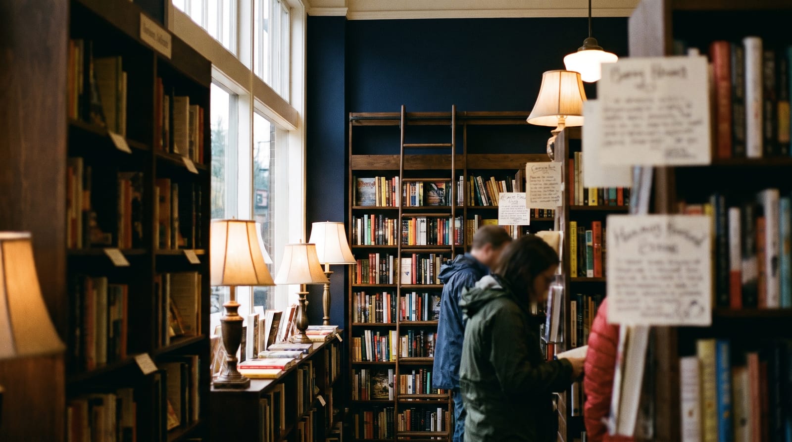 Tall shelves inside a cozy independent bookstore