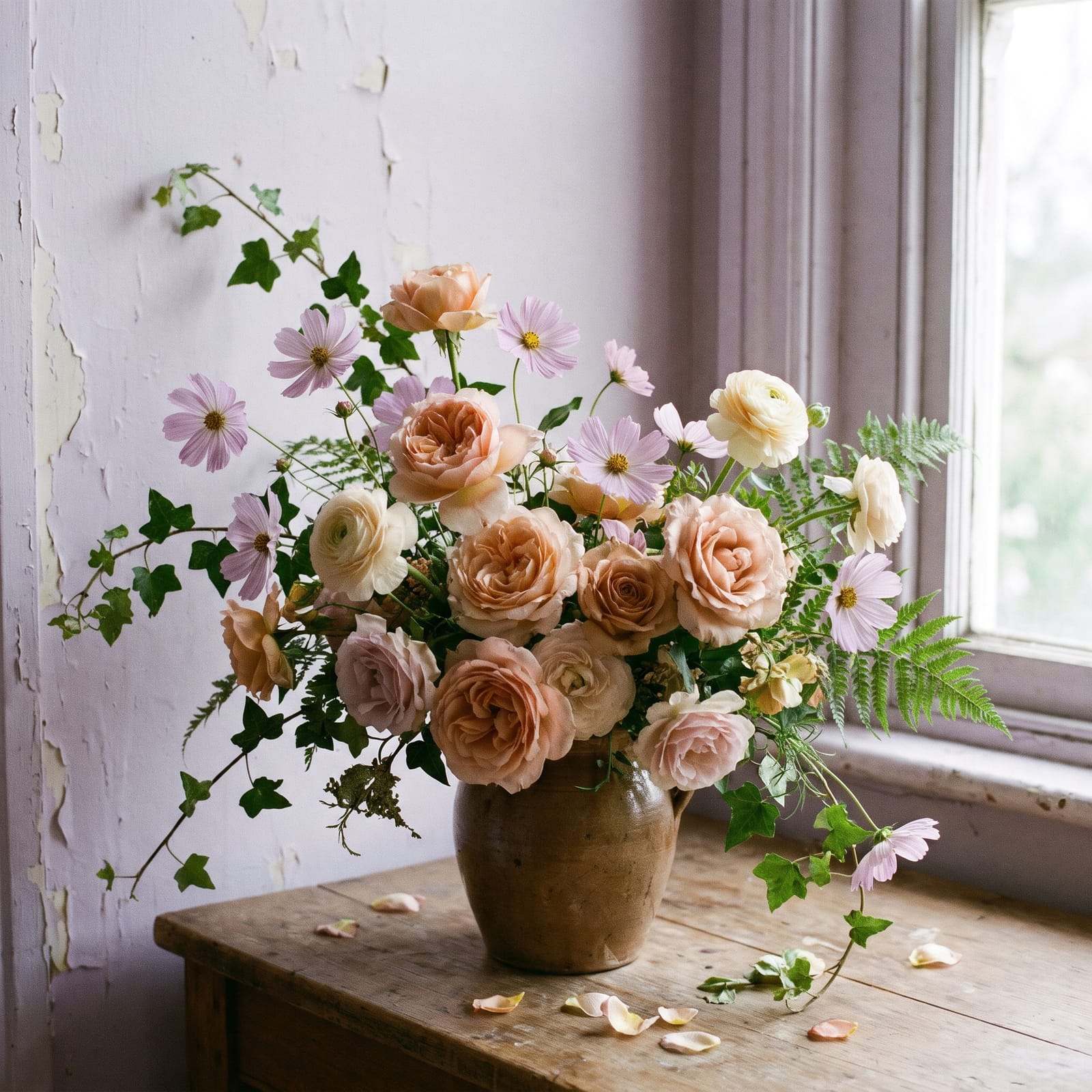 A loose seasonal bouquet in peach and lavender tones