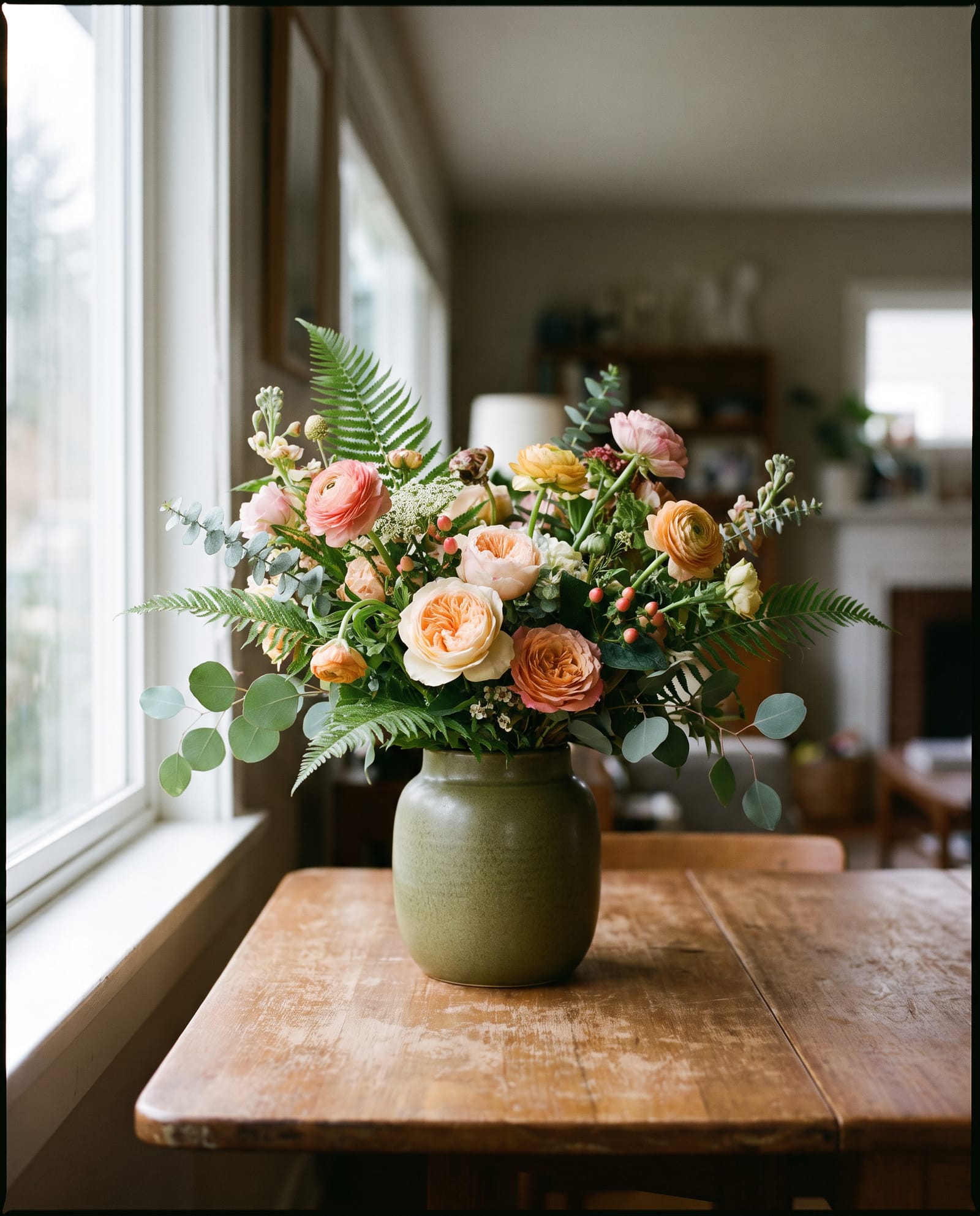 A seasonal arrangement in a green ceramic vase