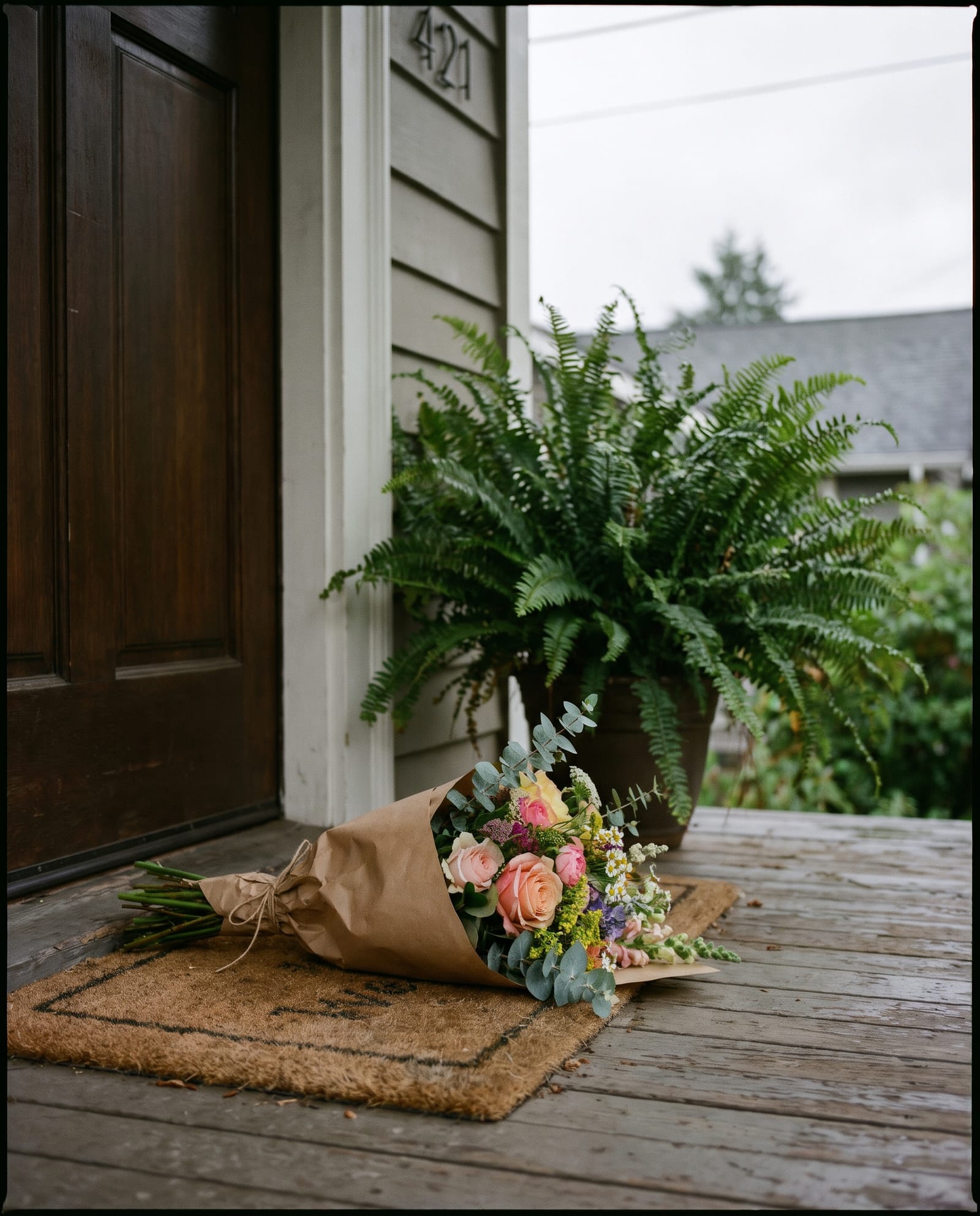 A weekly flower delivery waiting on a doorstep
