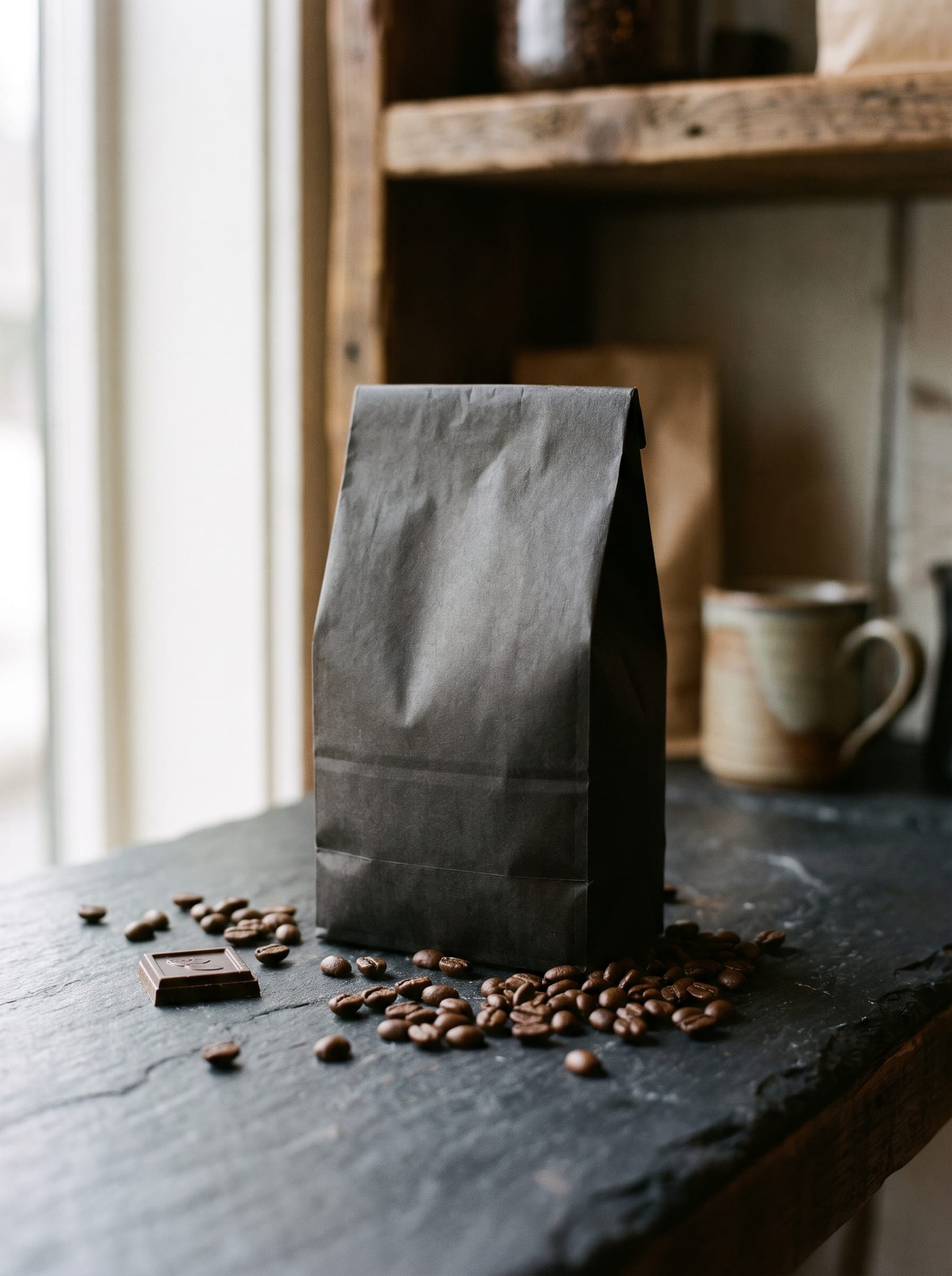 A dark bag of espresso roast coffee beans