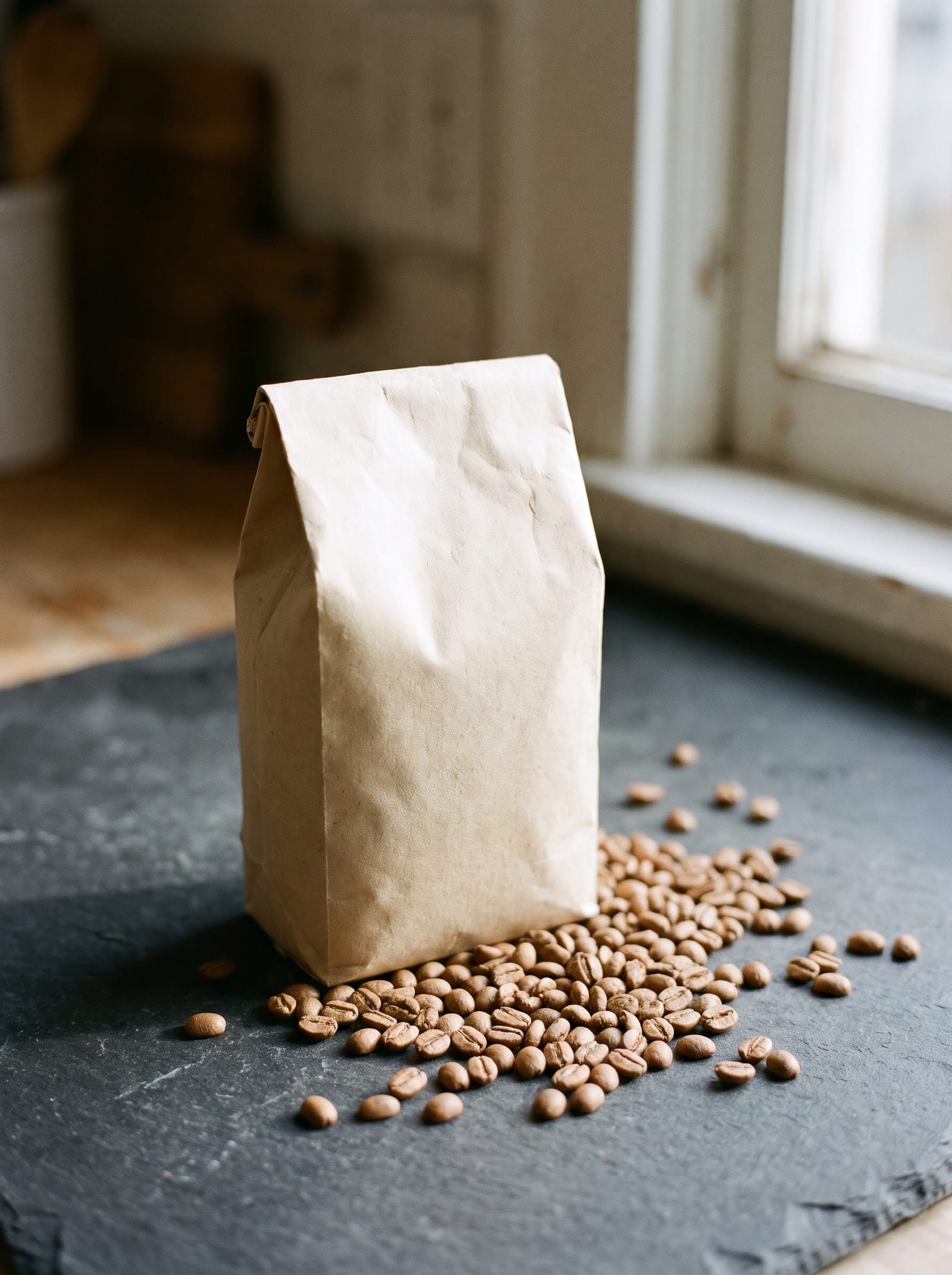 A cream bag of light roast coffee beans