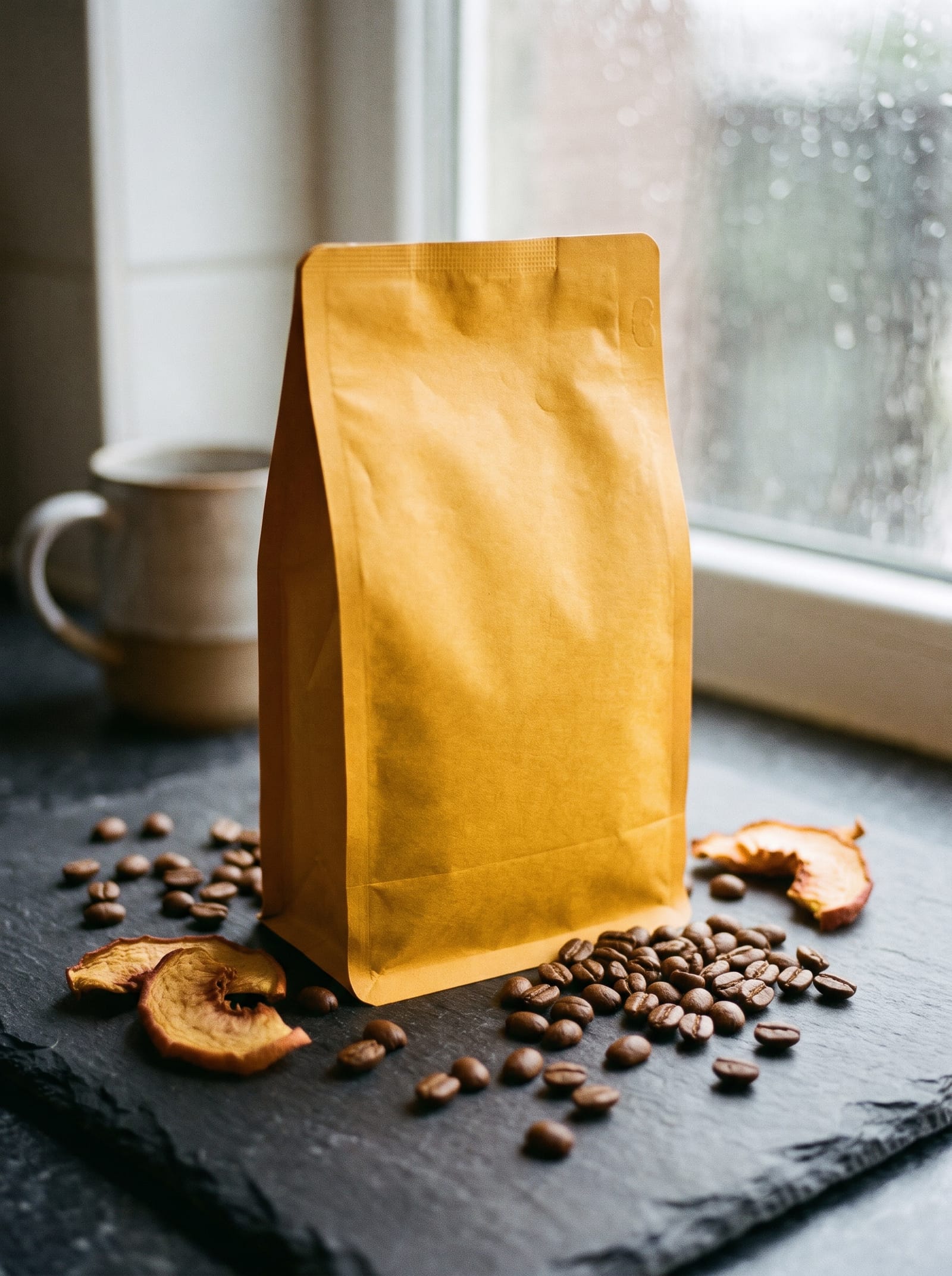 An amber bag of medium roast coffee beans
