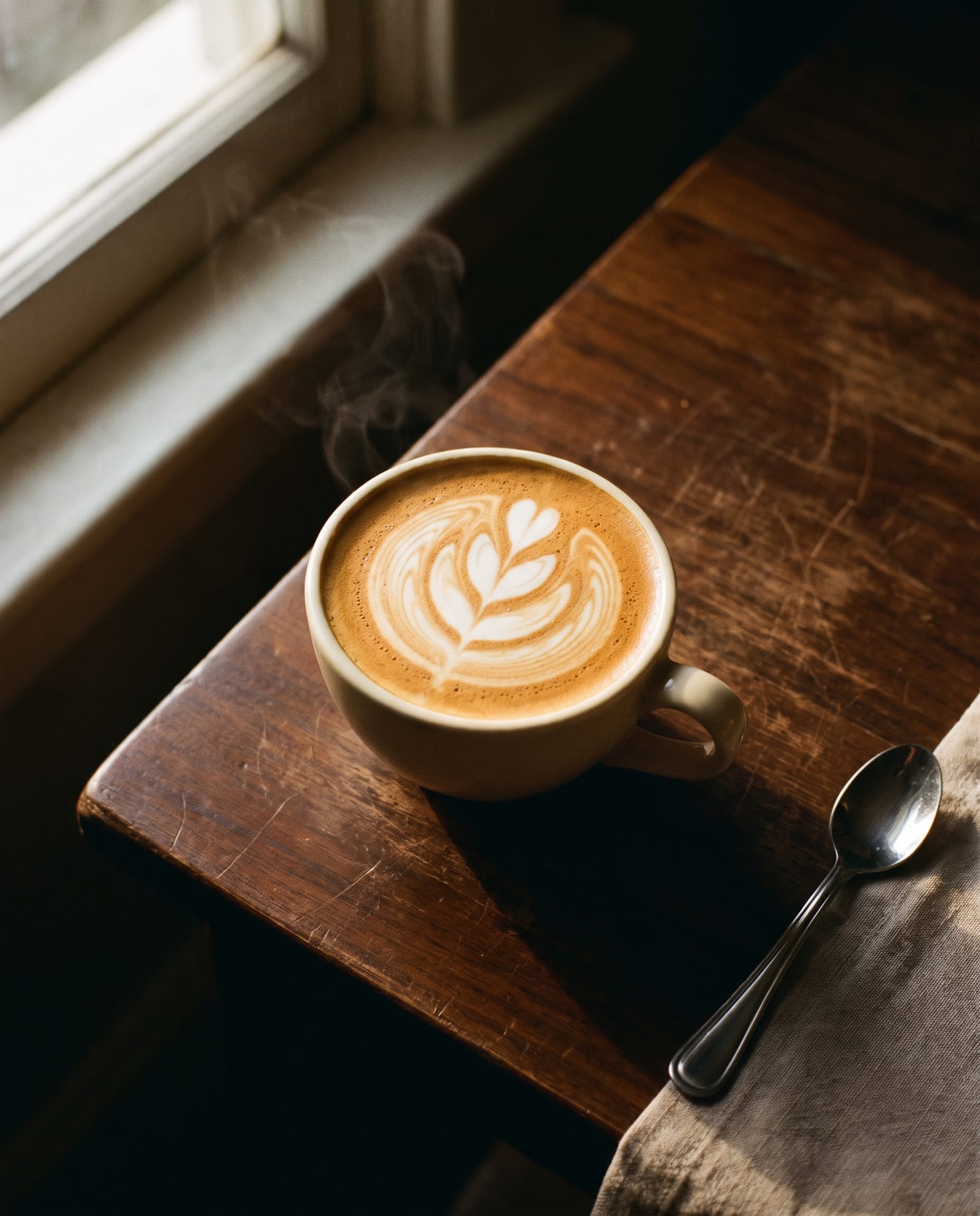 A cortado with latte art seen from above on a dark wooden table