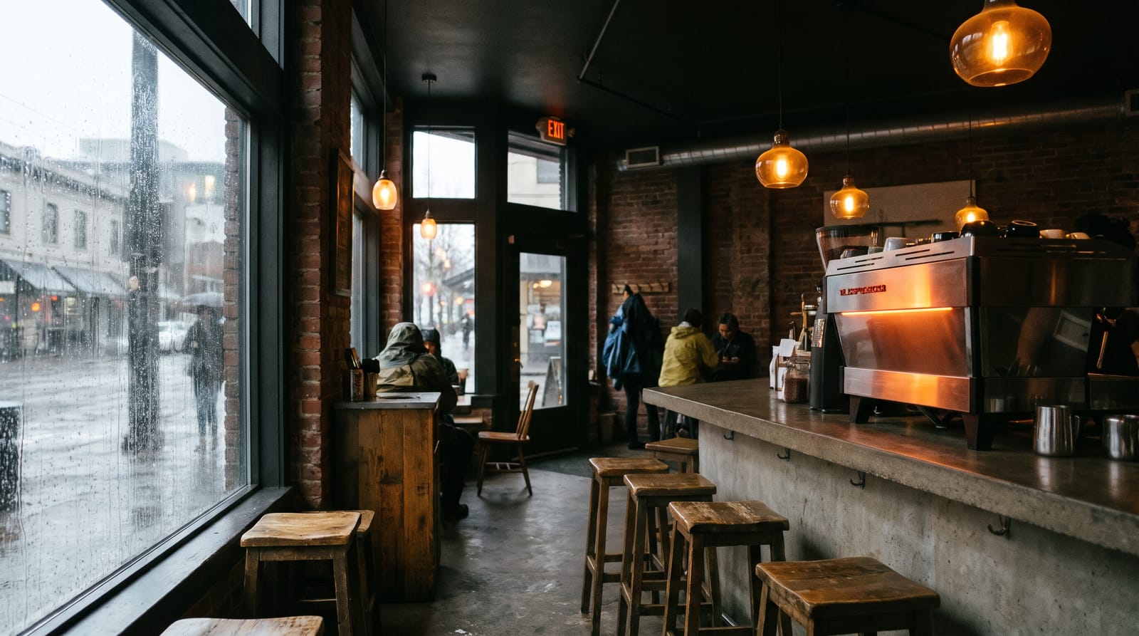 The quiet interior of a coffee bar on a rainy afternoon