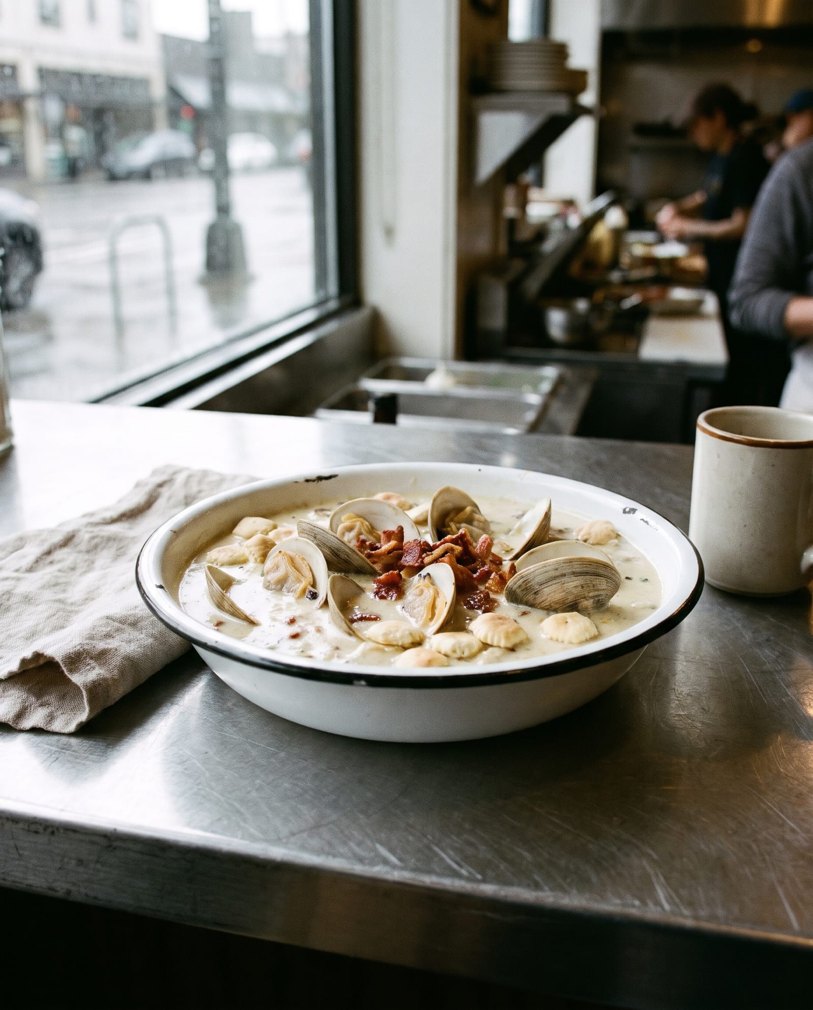 A bowl of clam chowder with Manila clams