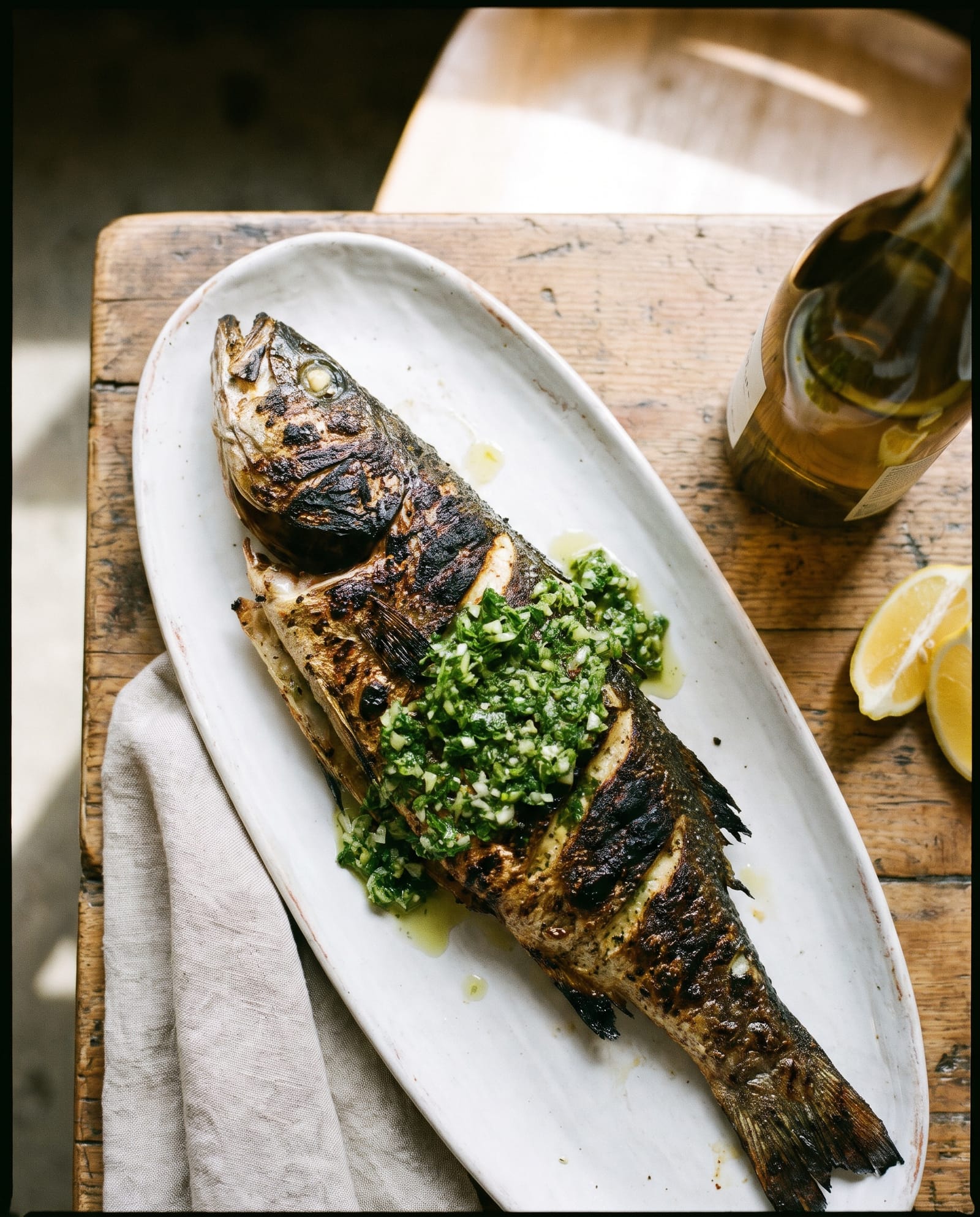 A whole grilled fish with salsa verde