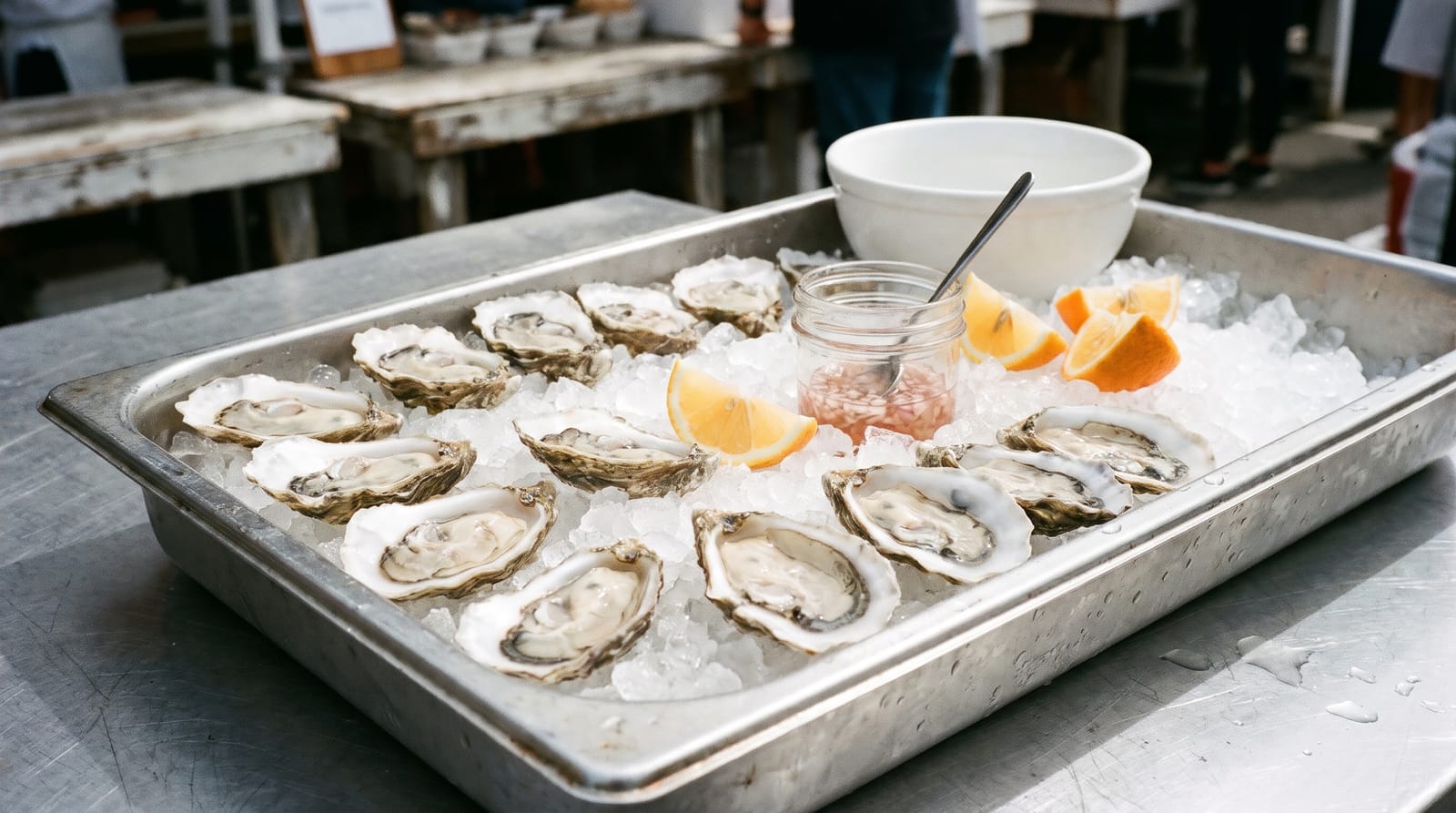 Freshly shucked oysters on crushed ice
