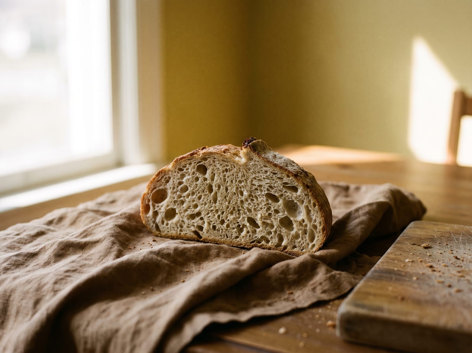 A country loaf cut open to show its crumb