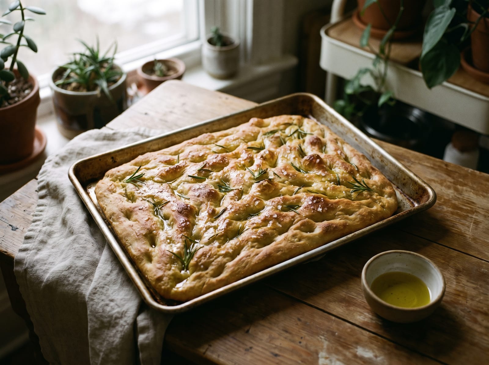 A slab of focaccia with rosemary and flaky salt