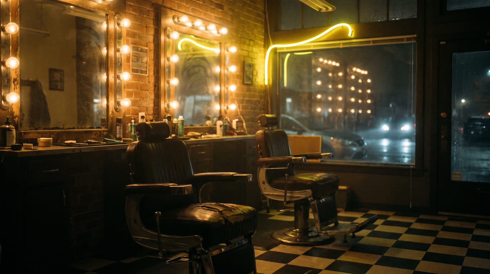 A barbershop interior at night with vintage chairs