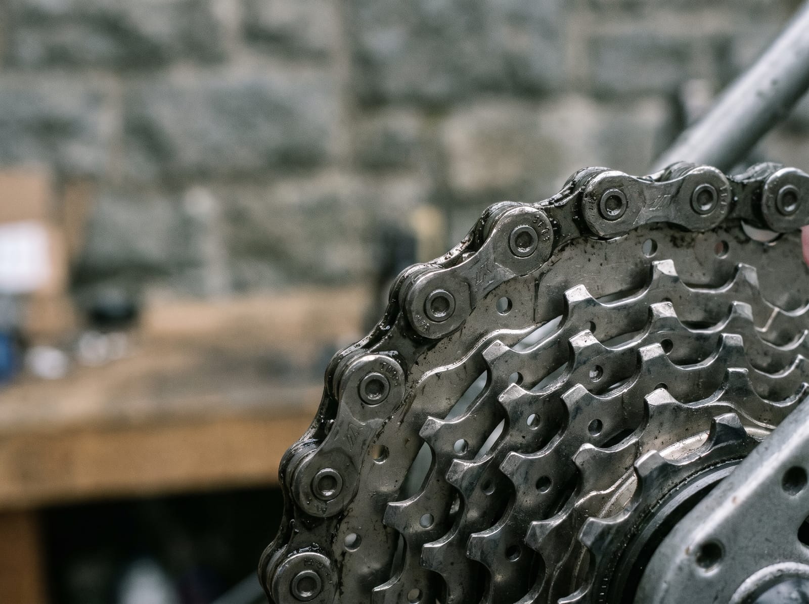 A clean bicycle chain and cassette