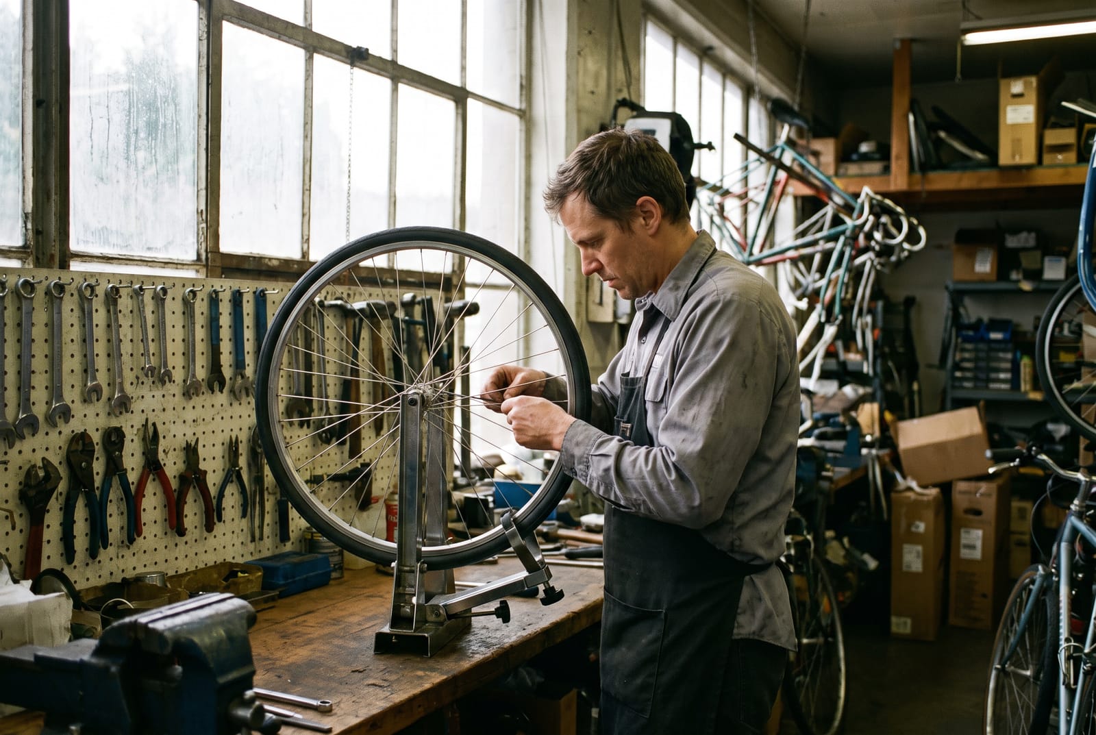 A mechanic truing a wheel in a bike shop