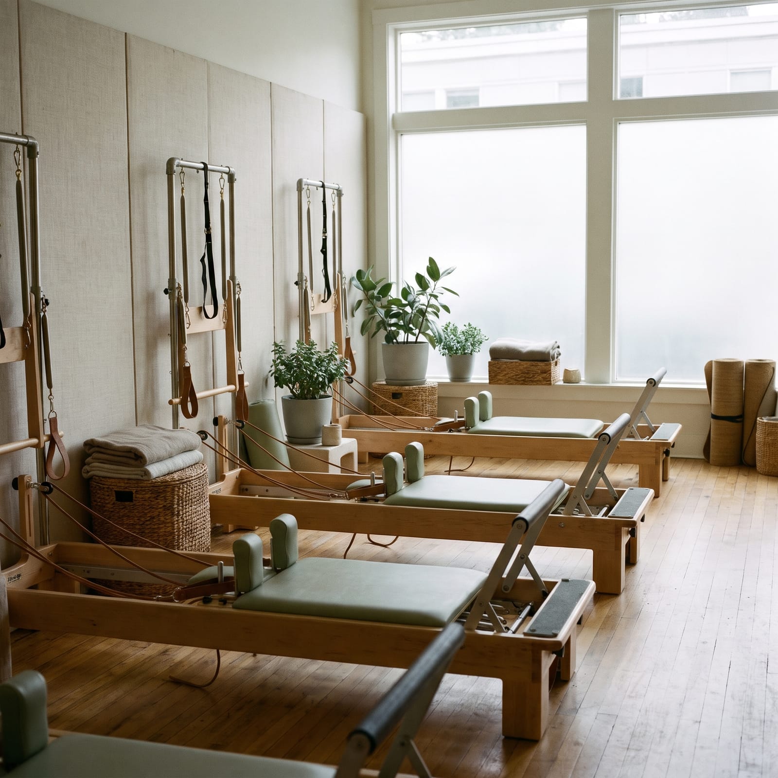 A calm pilates studio with a row of reformers