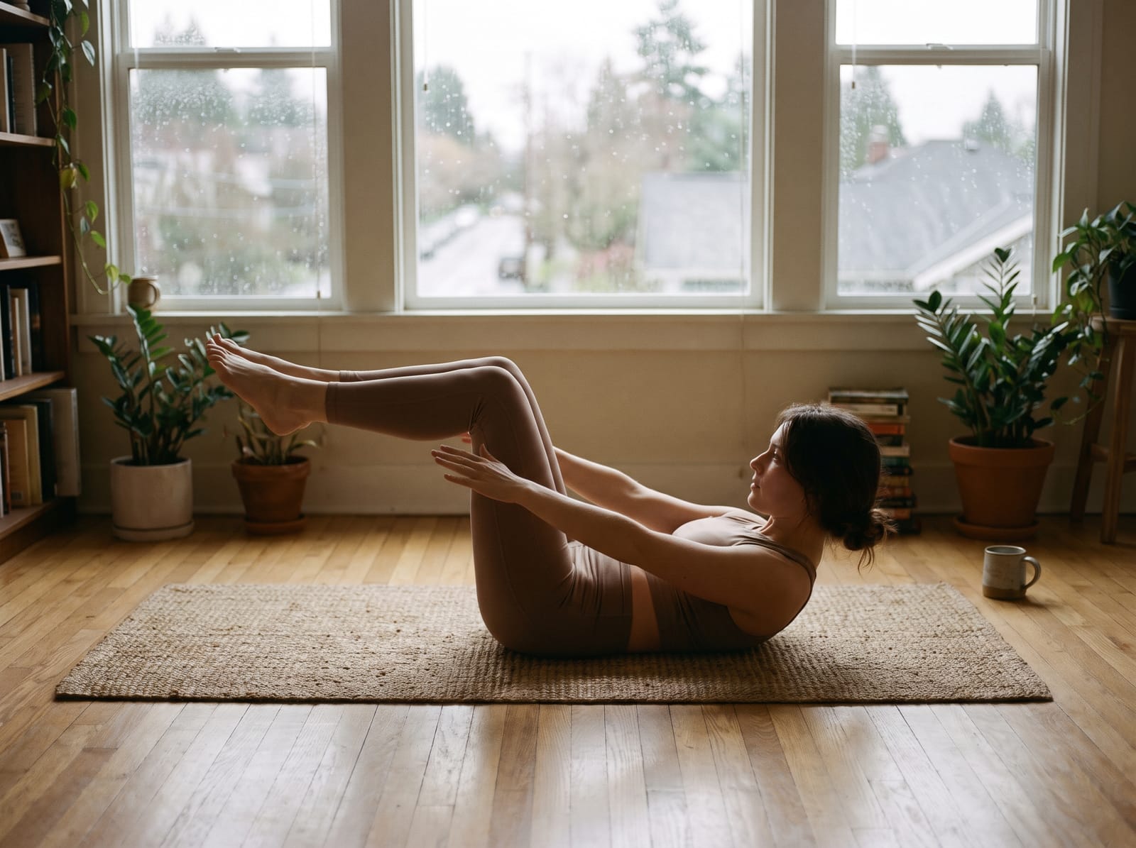 A mat pilates exercise on a wooden floor