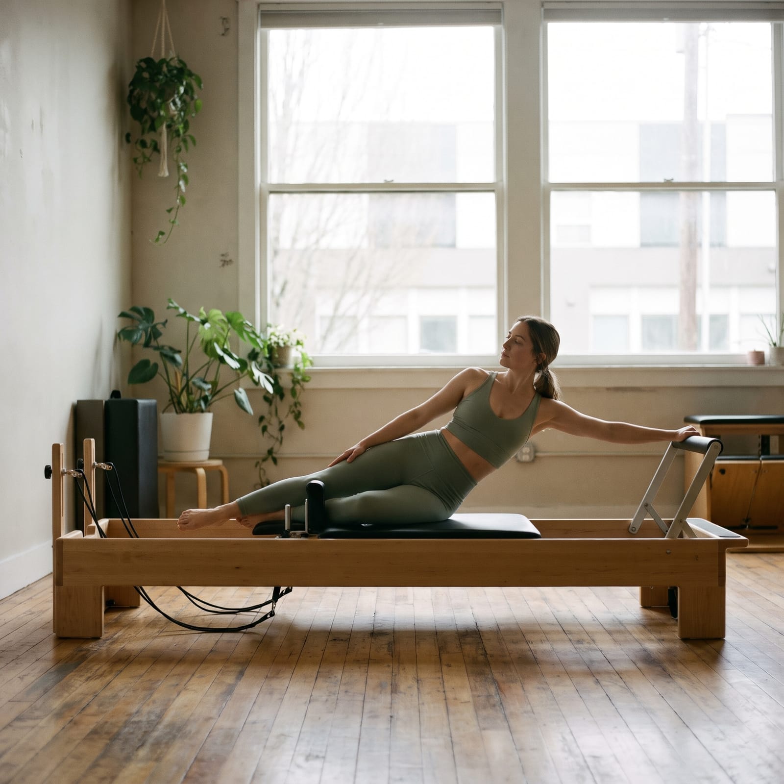 A client holding a controlled pose on a reformer