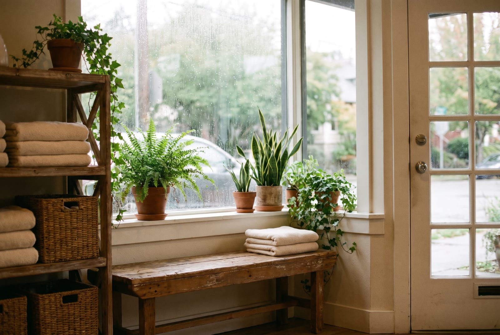 The calm entrance of a small pilates studio